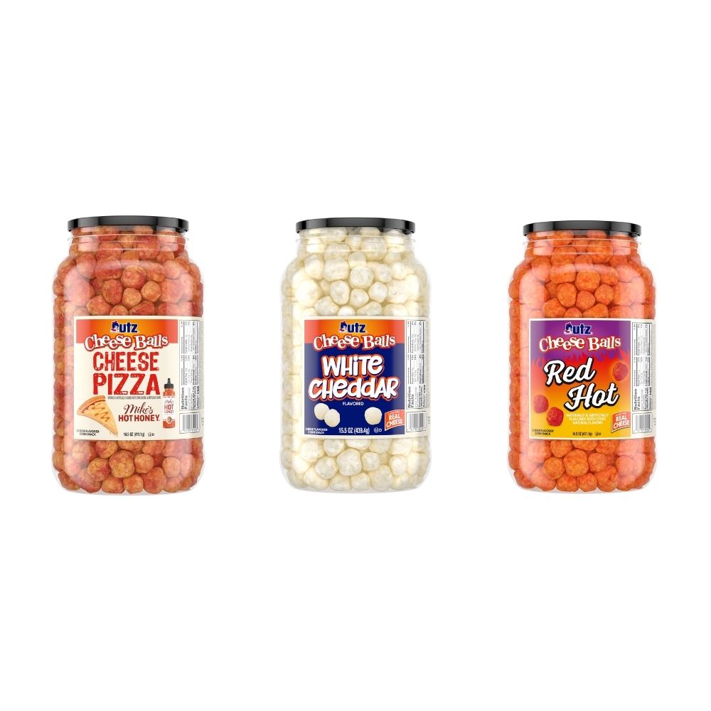 Three jars of Utz cheese balls in a variety pack, flavors include Cheese Pizza, White Cheddar, and Red Hot, each labeled clearly with their respective flavor names.