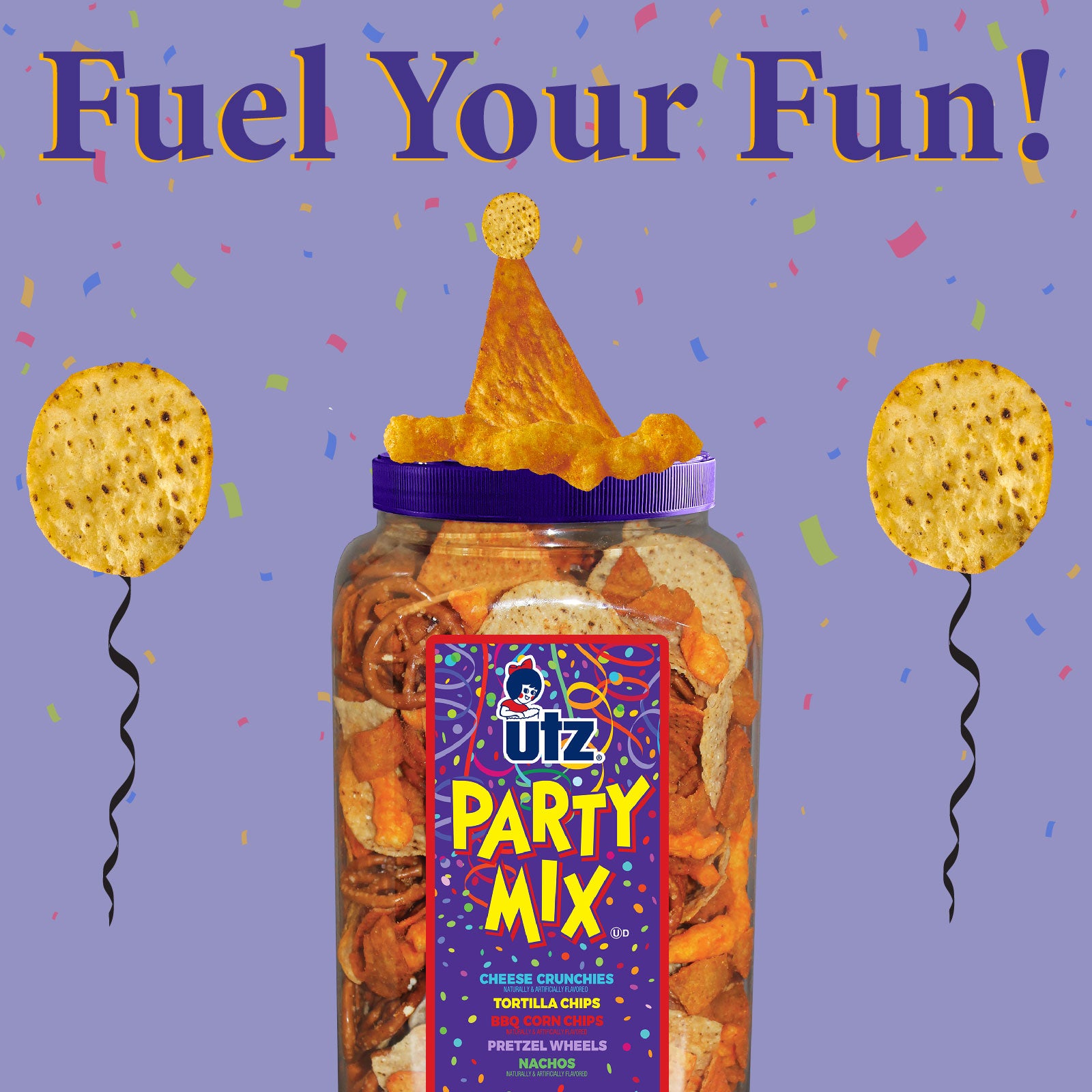 Jar of Utz Party Mix with a party hat on top against a purple background with confetti.
