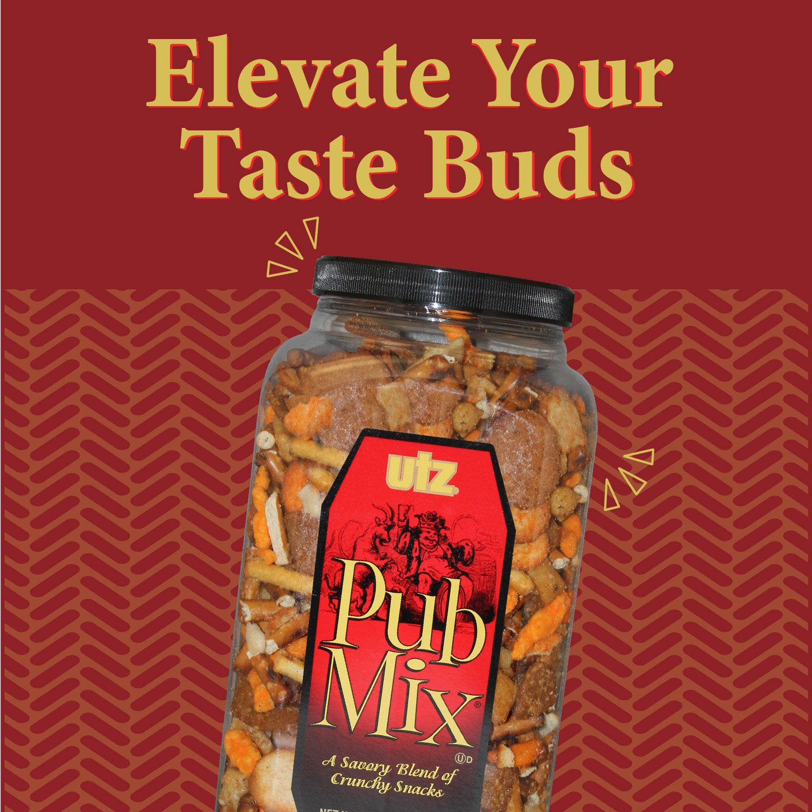 Jar of Utz Pub Mix on a red background with promotional text.