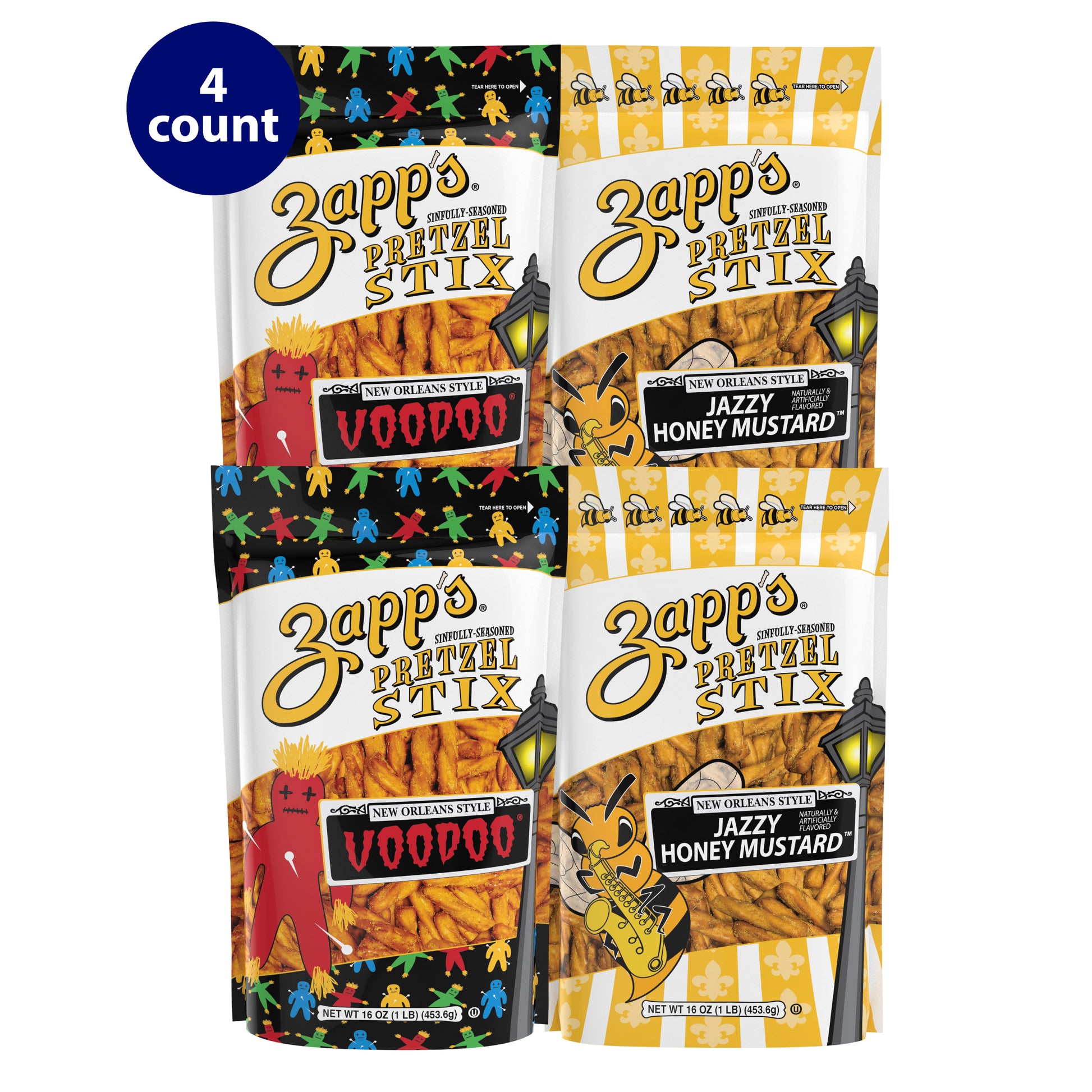Four bags of Zapp's Pretzel Stix displayed in a 4-count pack, featuring two flavors: Voodoo and Jazzy Honey Mustard. The Voodoo bags have a black, red, and multicolor design with a voodoo doll graphic, while the Jazzy Honey Mustard bags feature a yellow and white design with a saxophone graphic, reflecting New Orleans-style seasoning.