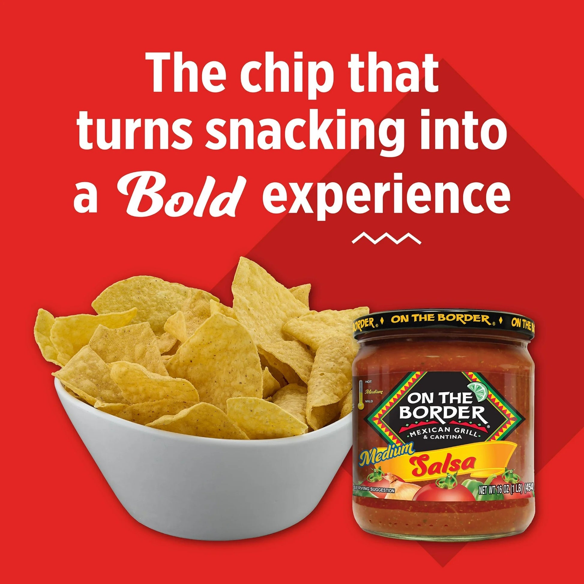 Tortilla chips in a bowl with a jar of On The Border salsa on a red background