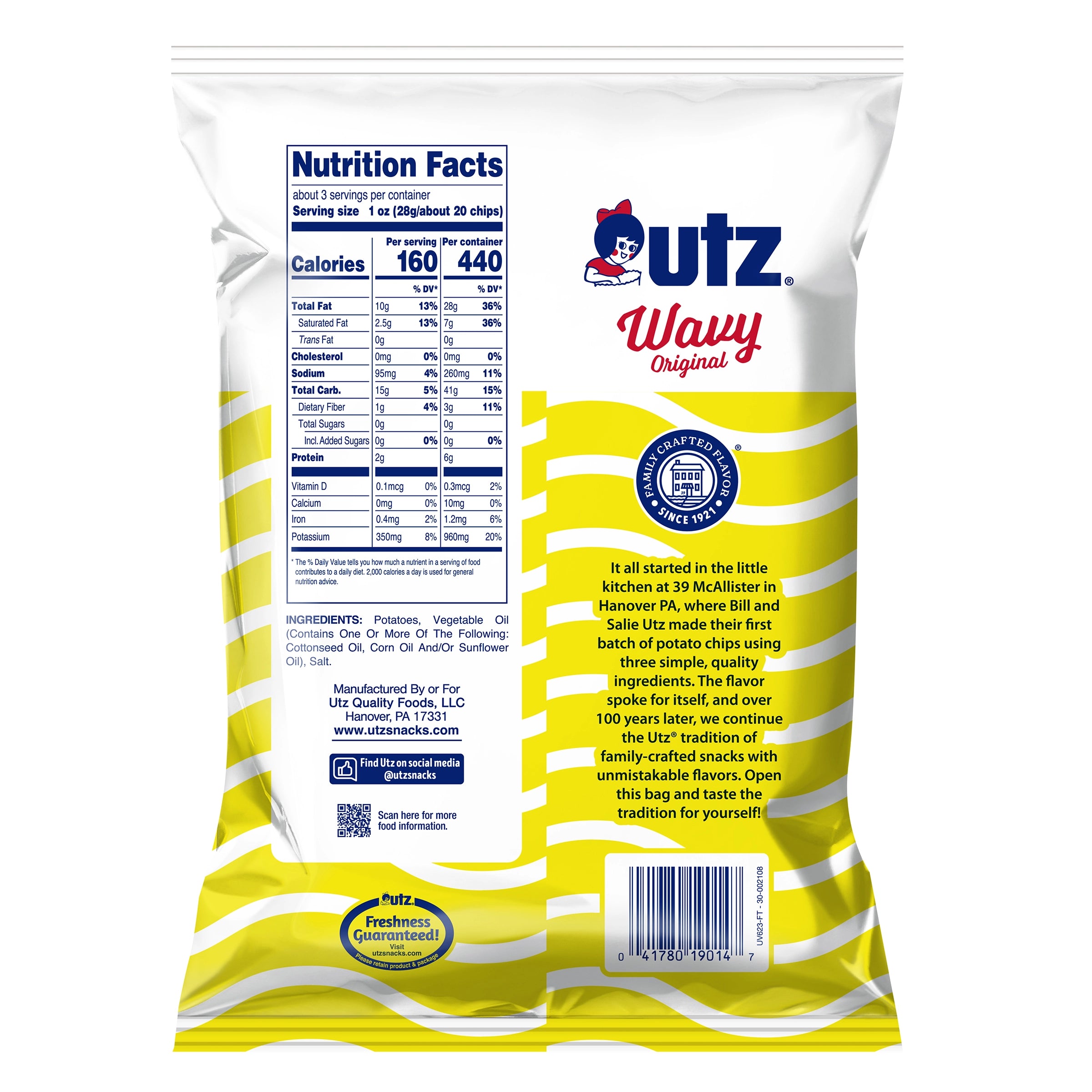 UTZ Wavy Original potato chips packaging with nutrition facts and ingredients listed.