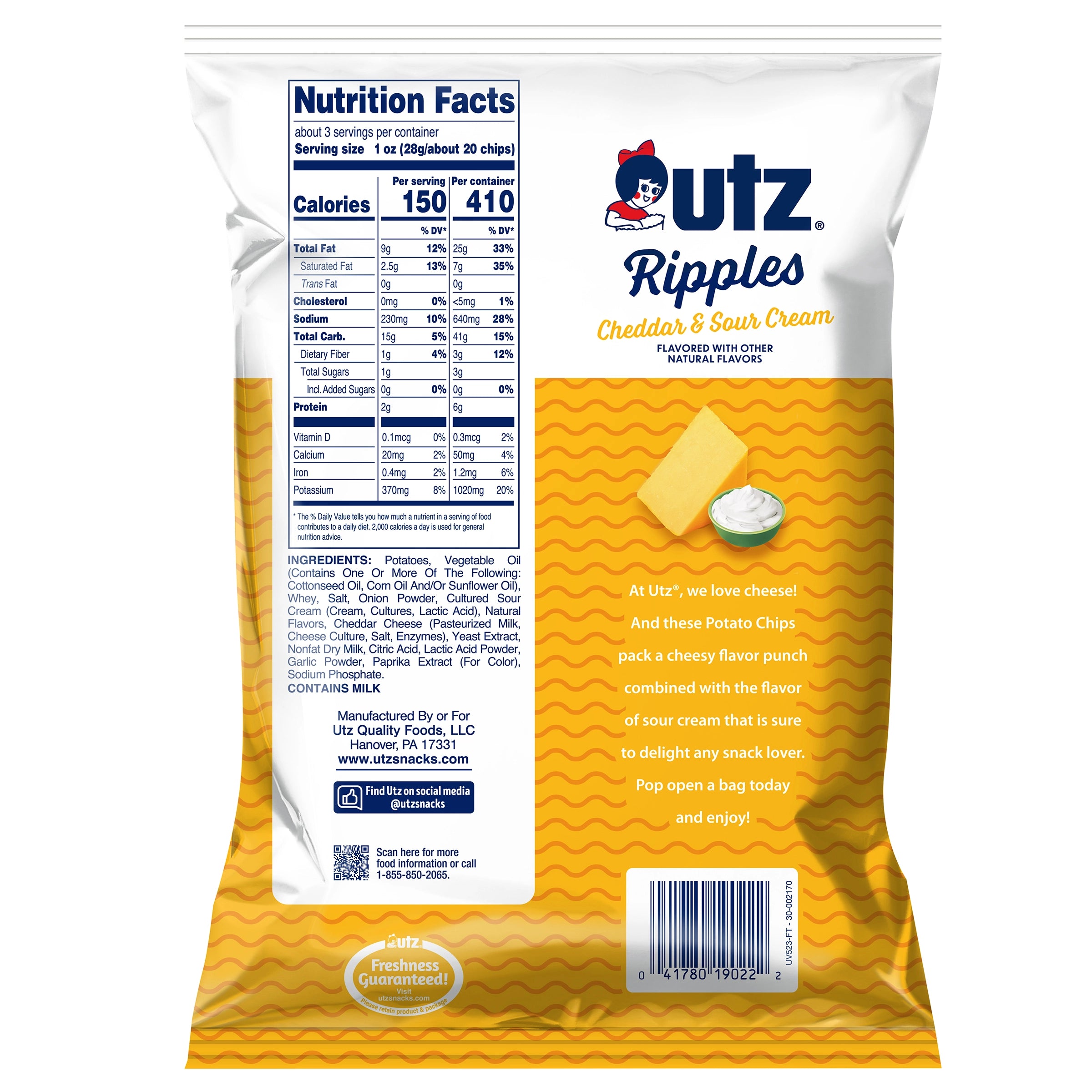 UTZ Ripples Cheddar & Sour Cream flavored potato chips packaging with nutrition facts label.