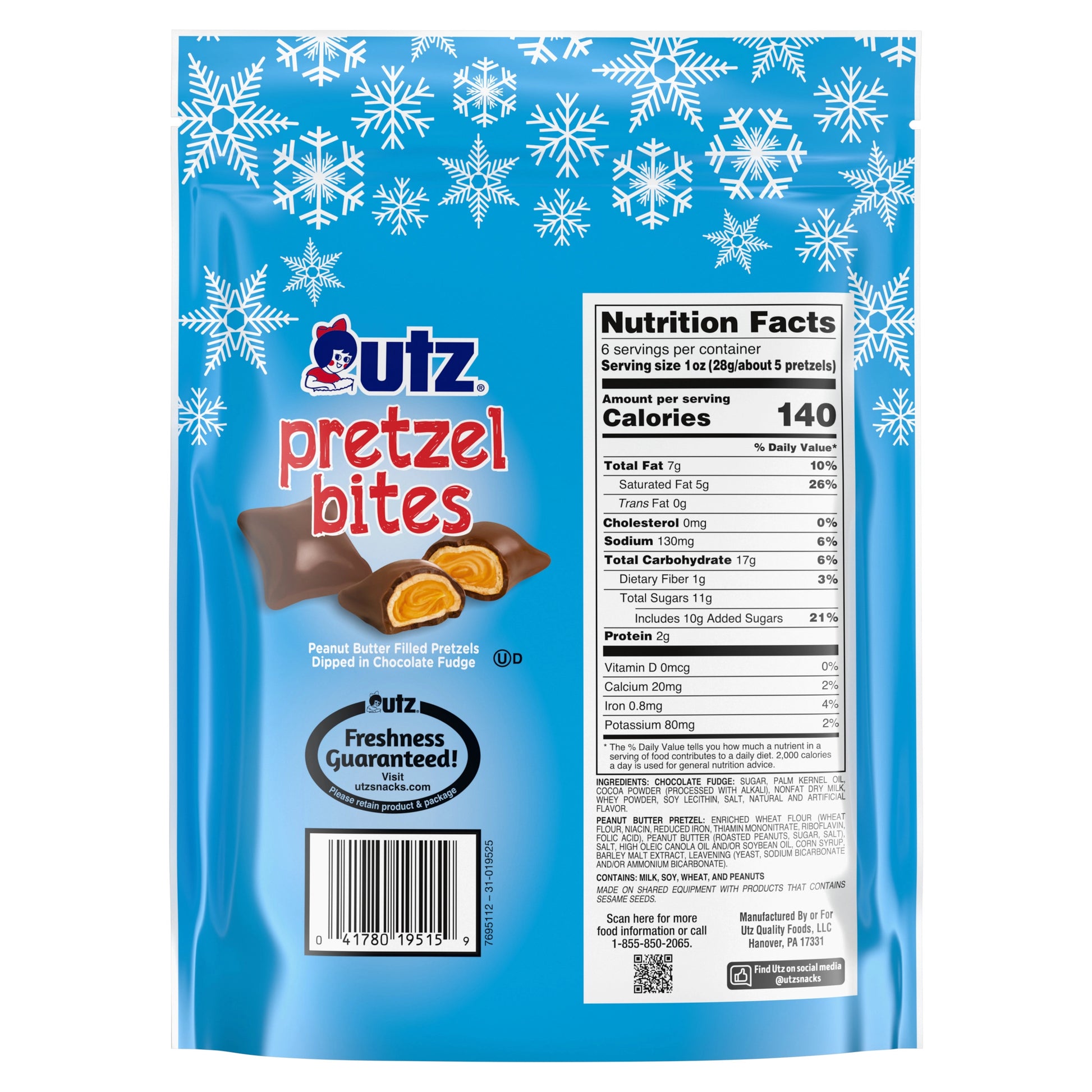 Packaging of Utz Pretzel Bites with blue background and snowflake pattern