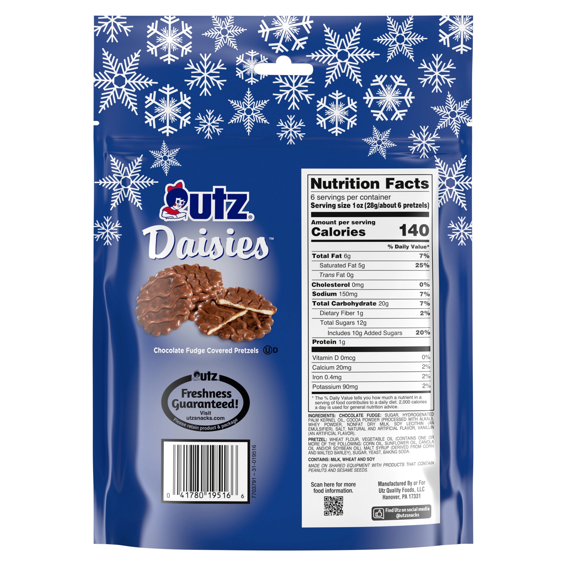 UTZ Daisies chocolate fudge covered pretzels packaging with snowflake pattern