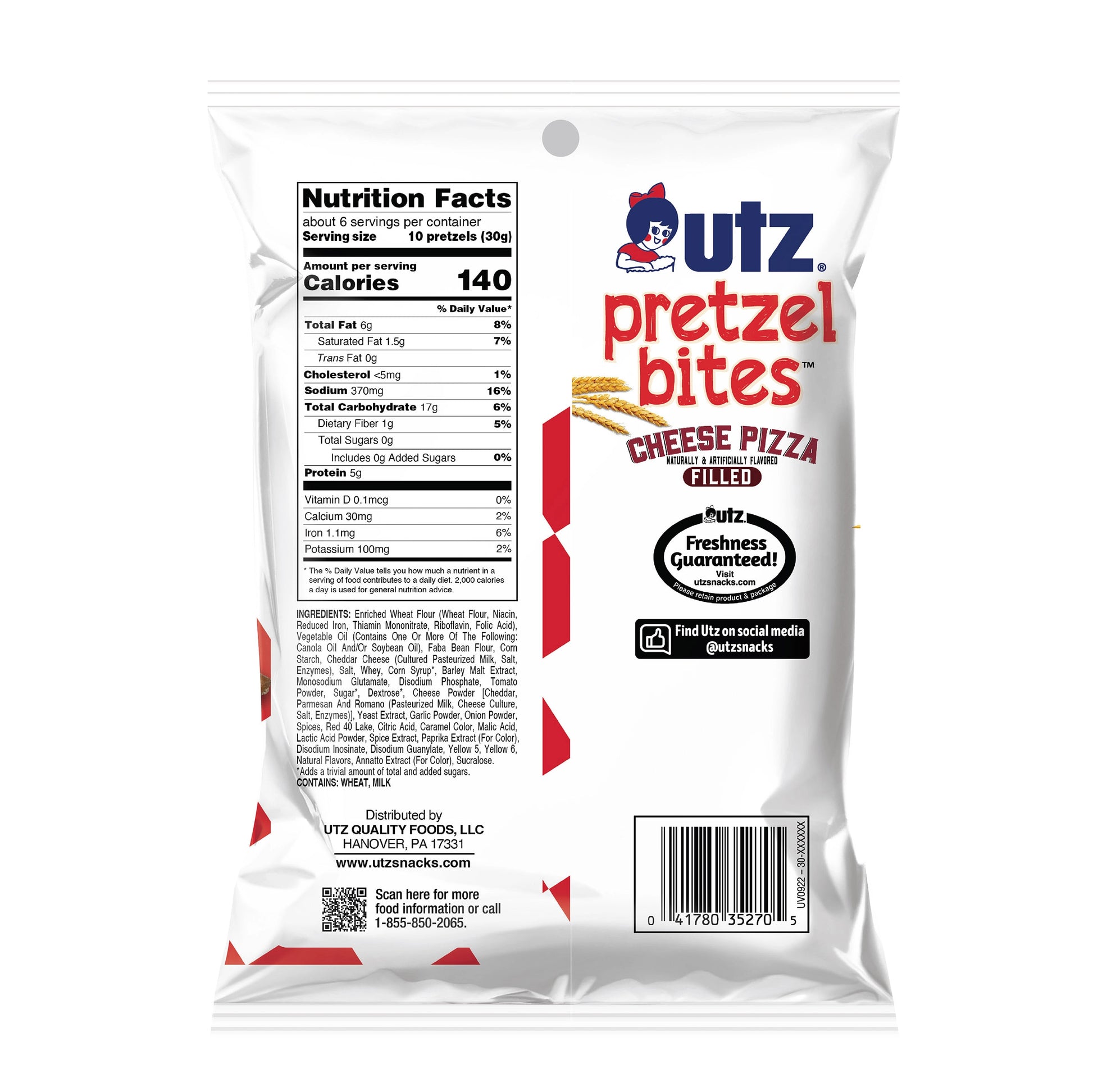 Package of Utz Pretzel Bites Cheese Pizza Flavored on a white background