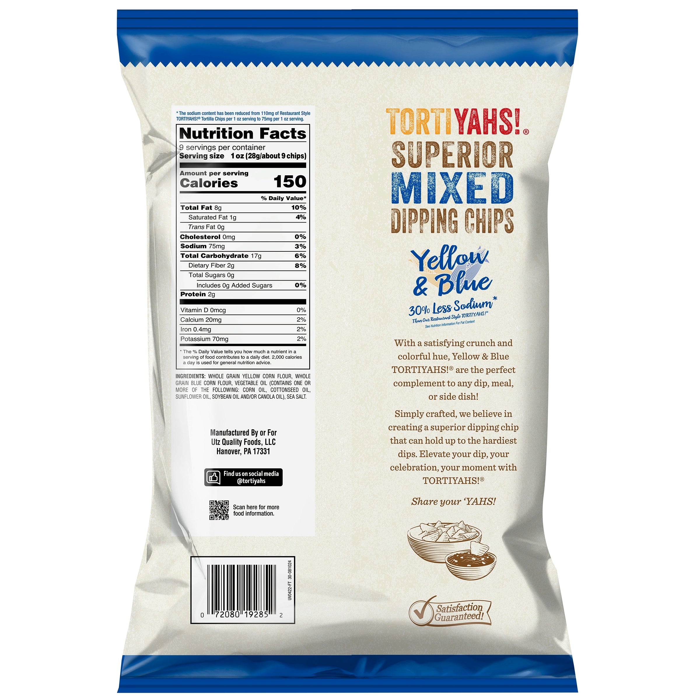 Tortilla chip bag with nutritional information and product details on a white background