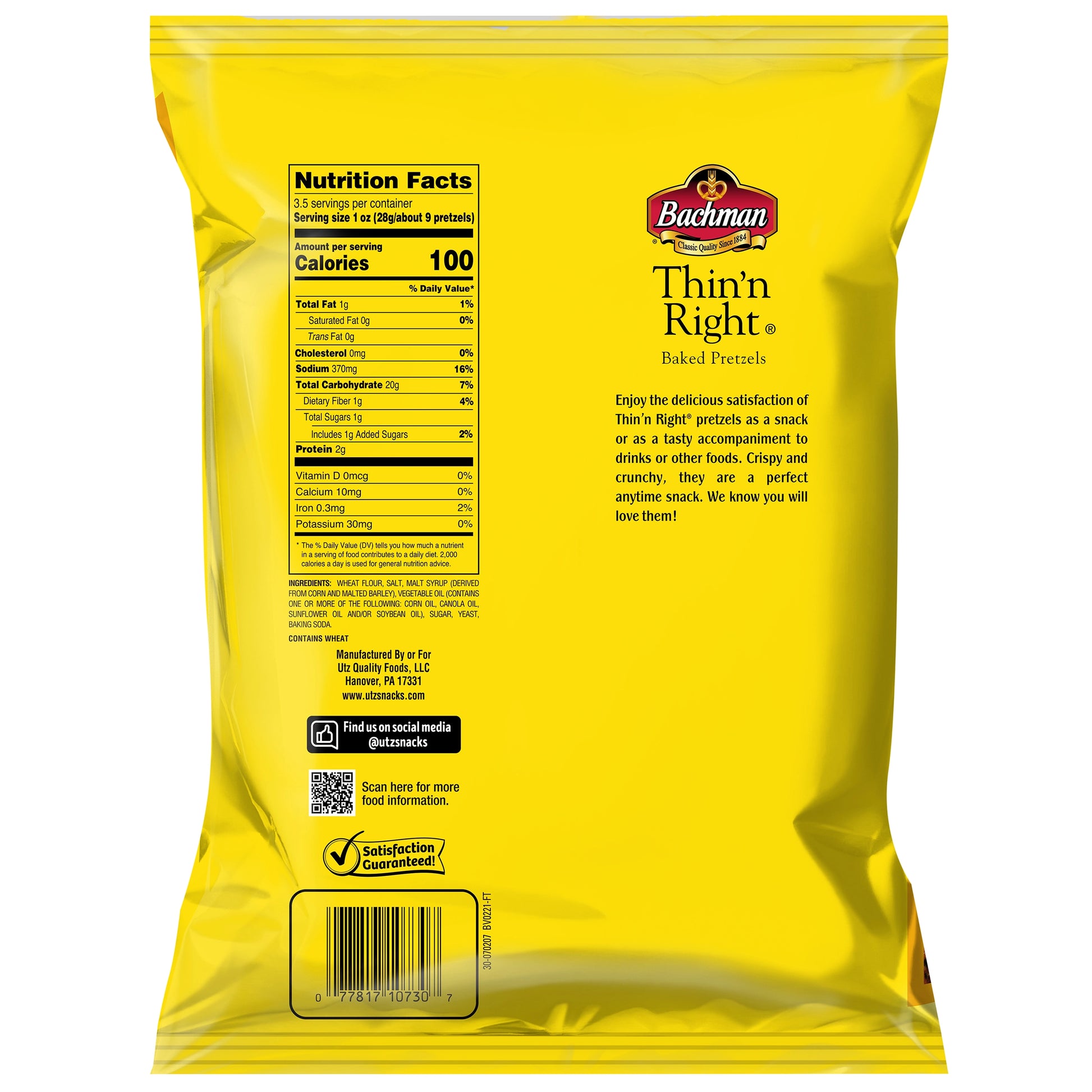 Yellow bag of Bachman Thin'n Right baked pretzels with nutrition facts and branding information.