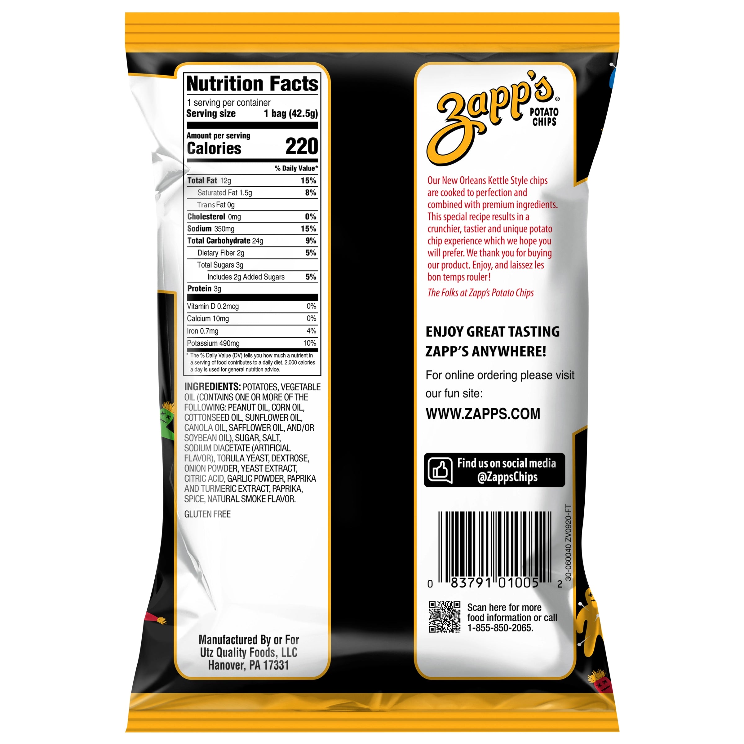 Back view of a Zapp's potato chip package with nutritional information and branding.