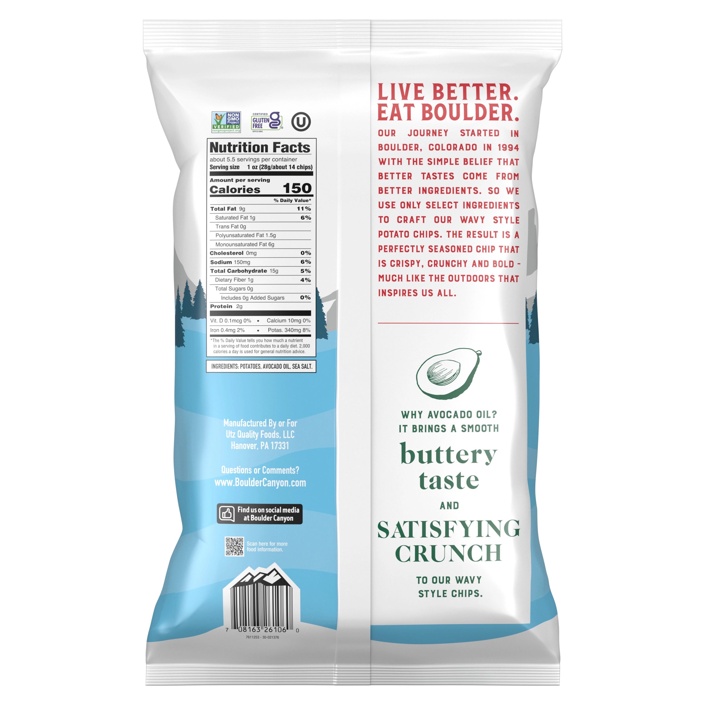 Boulder Chips packaging with nutritional information and branding on a white background