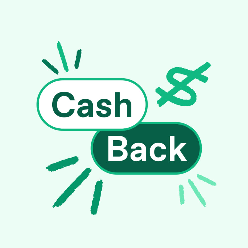 Green and white CashBack promotional graphic with dollar sign symbol and decorative lines on light green background