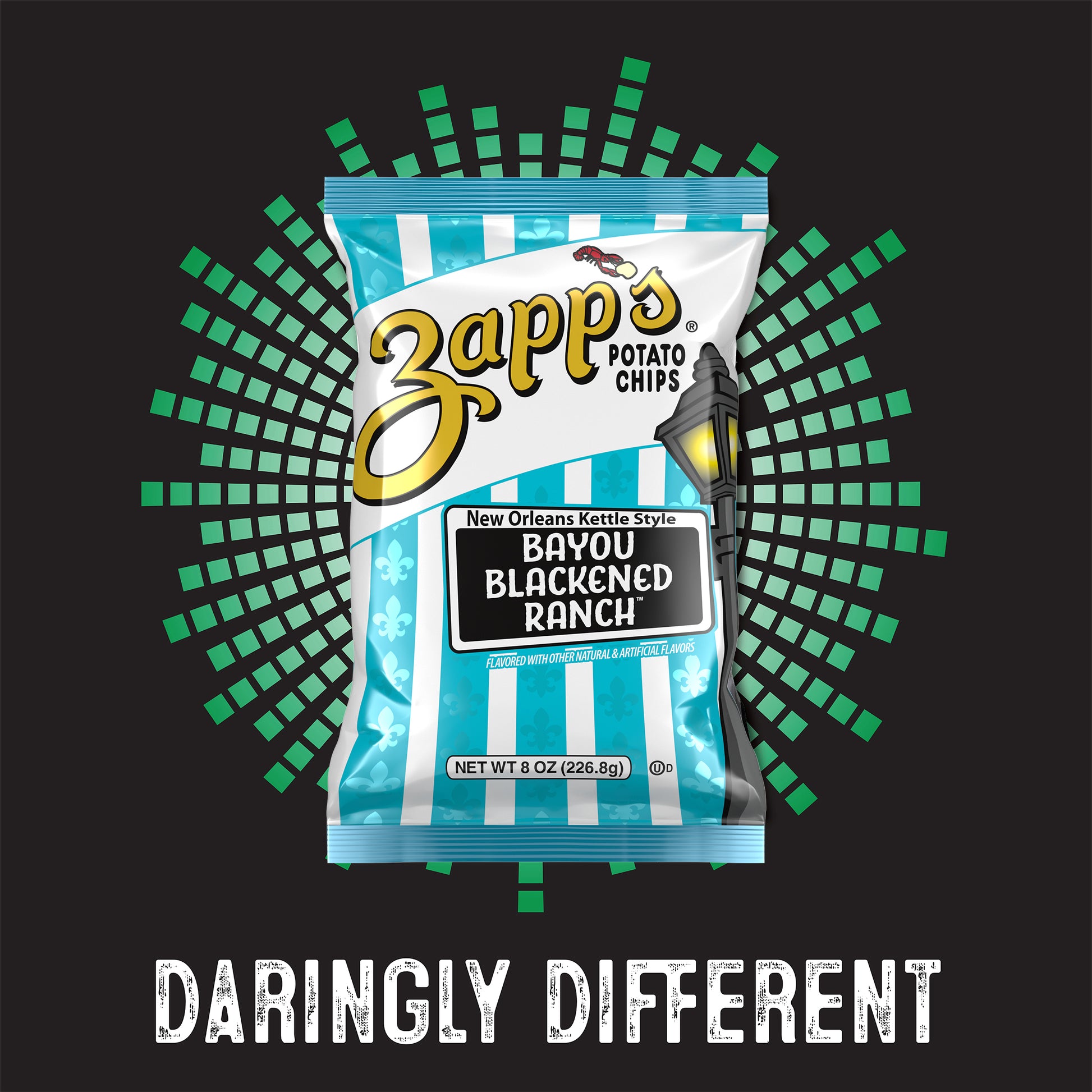 Zapp’s Bayou Blackened Ranch potato chips with green spotlight design and “Daringly Different” text