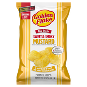 Packaging of Golden Flake Sweet & Smoky Mustard potato chips on a white background