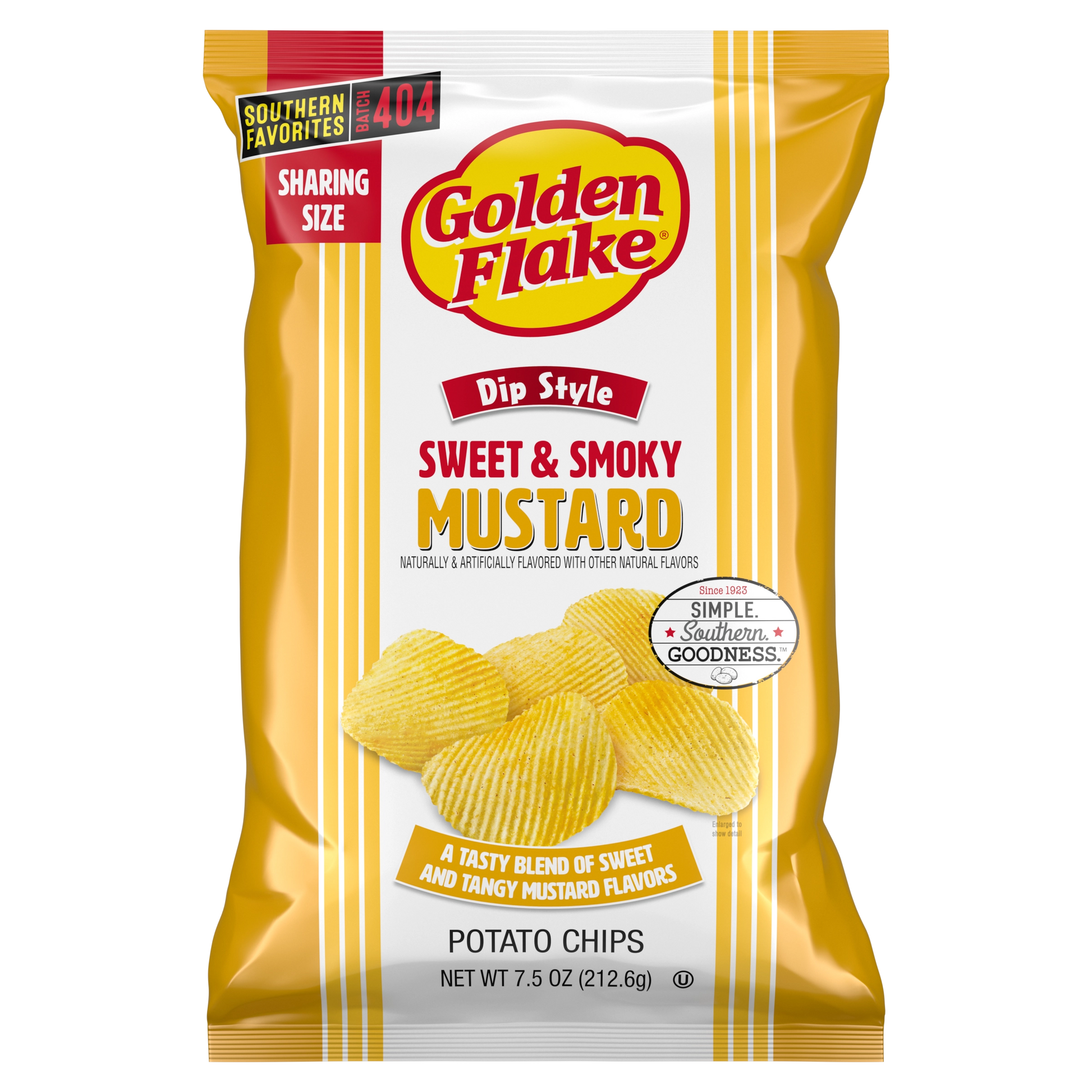 Packaging of Golden Flake Sweet & Smoky Mustard potato chips on a white background