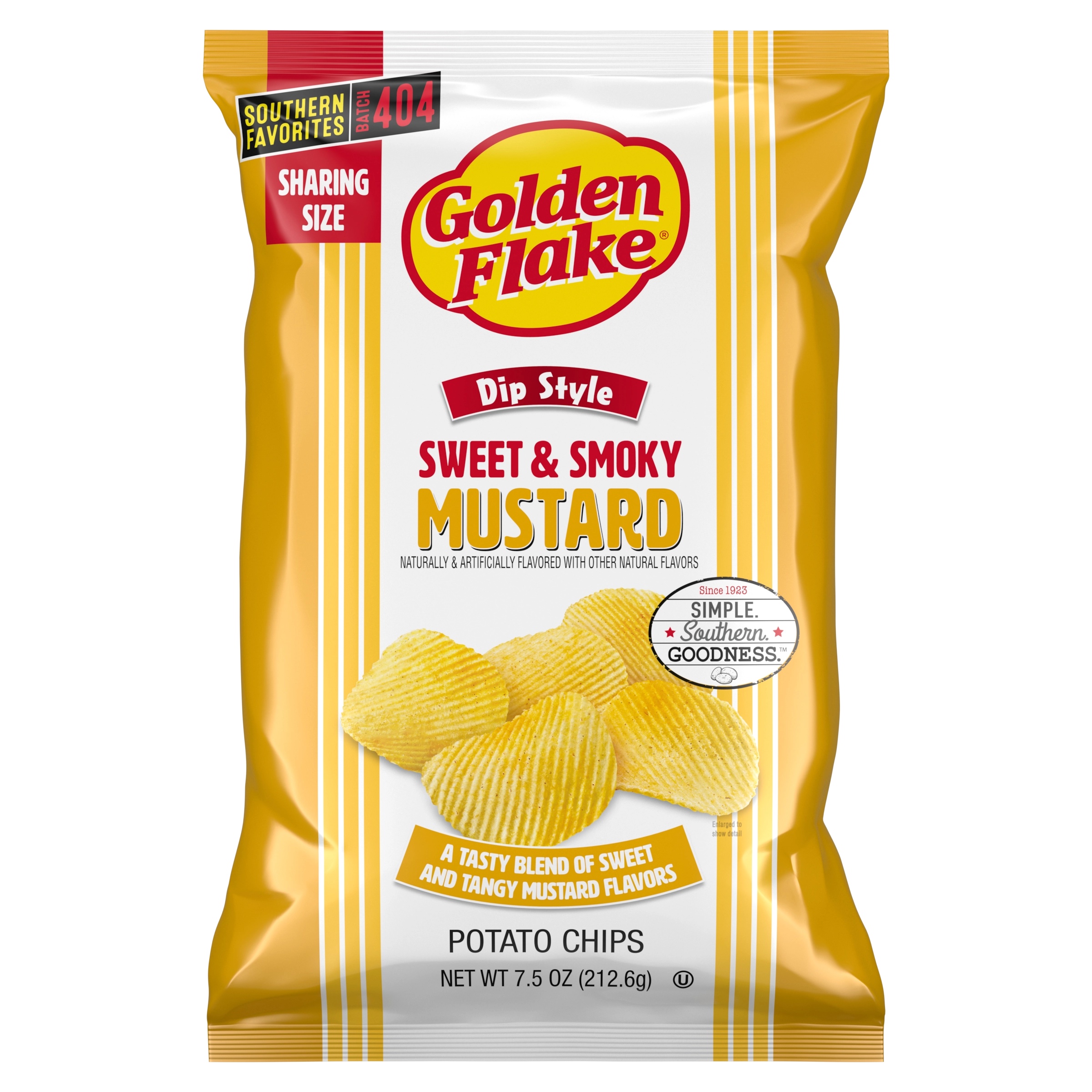 Packaging of Golden Flake Sweet & Smoky Mustard potato chips on a white background