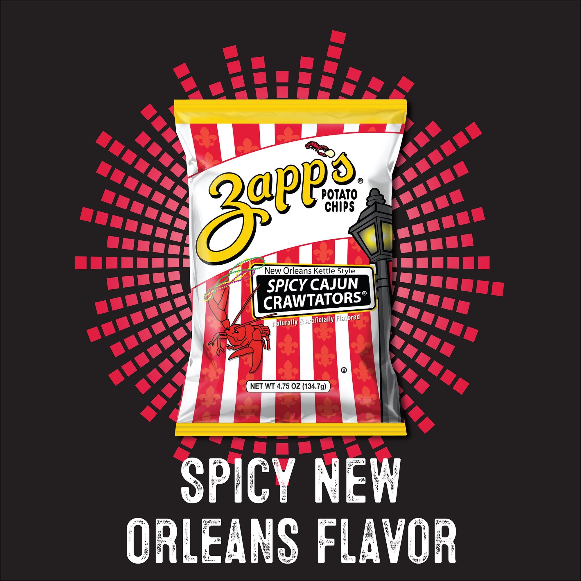 Zapp's Potato Chips Spicy New Orleans Flavor packaging on a black background with red and white checkered border.