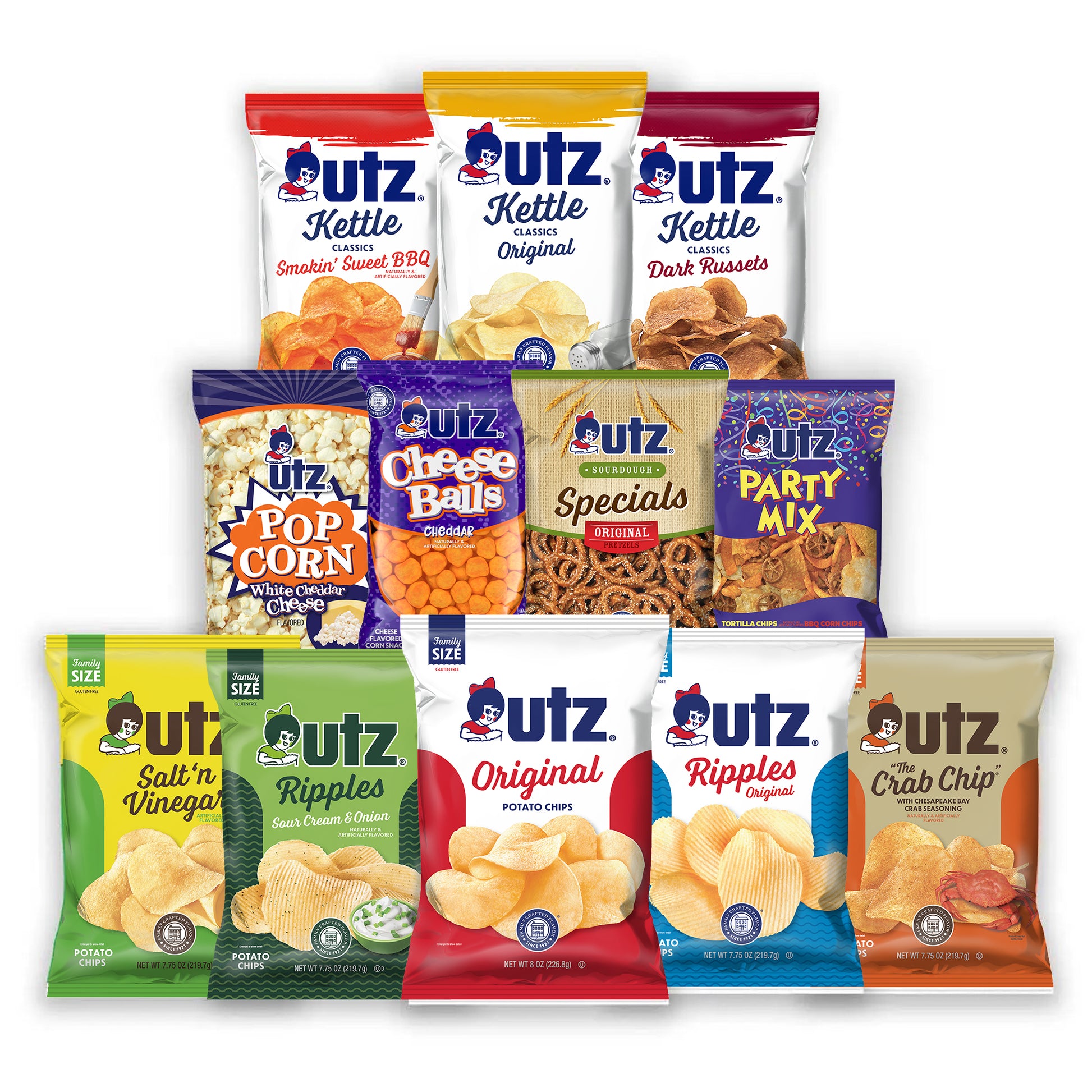 Assorted Utz snack packages on a white background