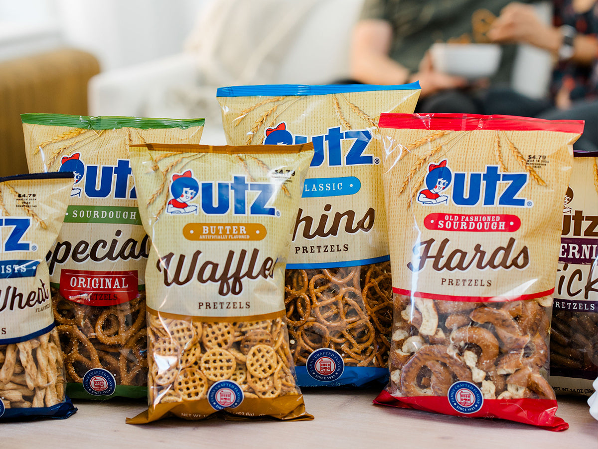 Assorted Utz pretzel bags on table