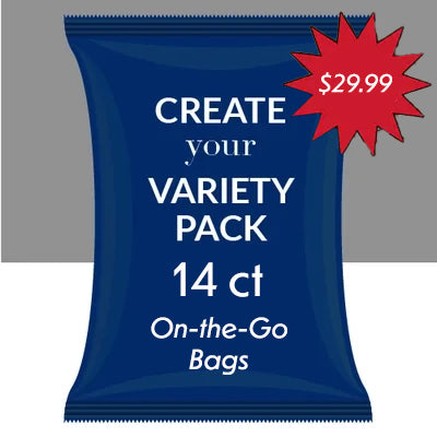 Blue bag of on-the-go bags with a red starburst price tag and text.