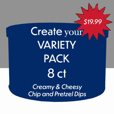 Blue container with text promoting a variety pack of dips on a gray background