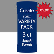 Blue snack barrel packaging with text 'Create your Variety Pack 3 ct Snack Barrels' and a red starburst with price '$24.99'.