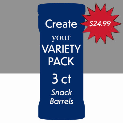 Blue snack barrel packaging with text 'Create your Variety Pack 3 ct Snack Barrels' and a red starburst with price '$24.99'.