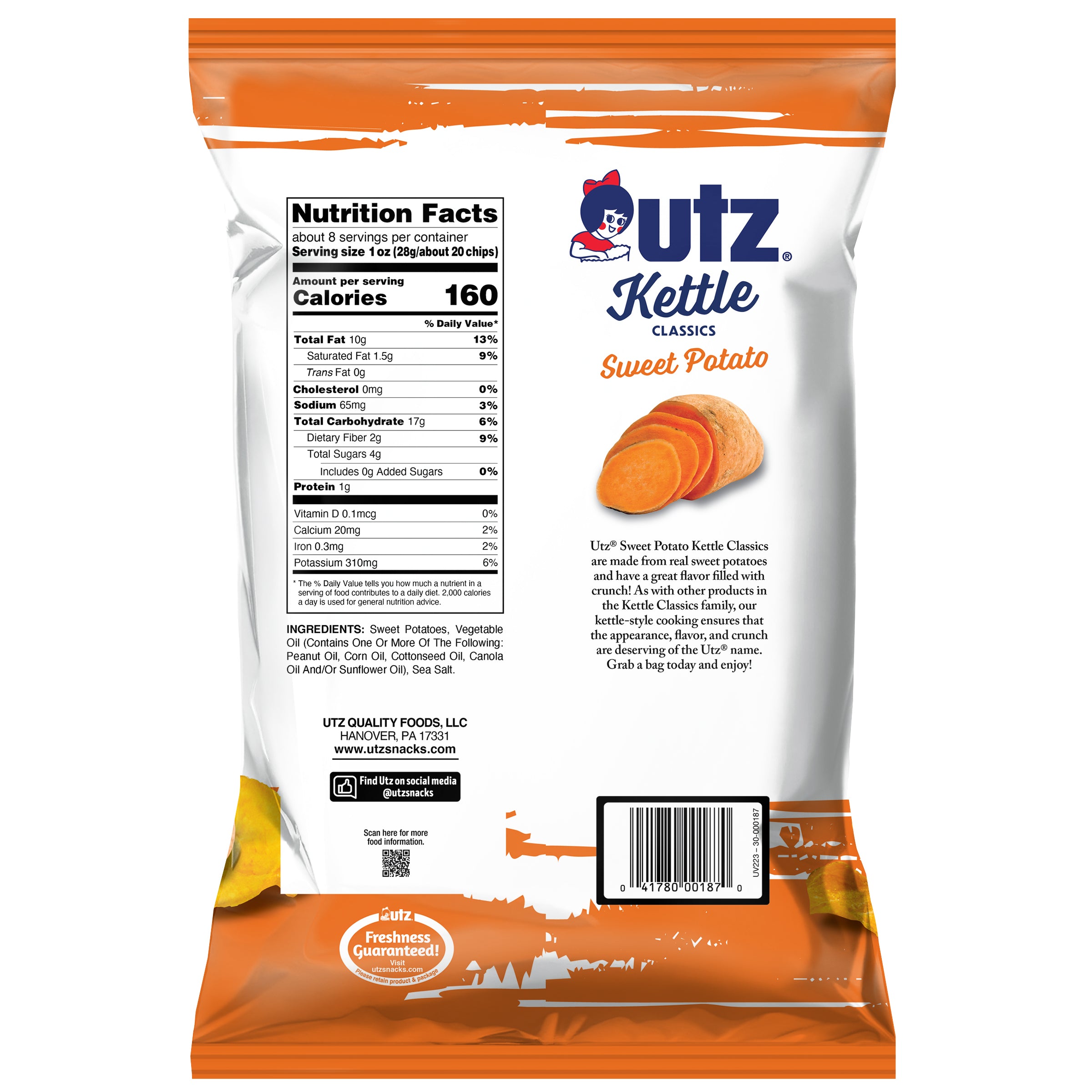 back of Utz Kettle Classics Potato Chips Sweet Potato 7.5 oz