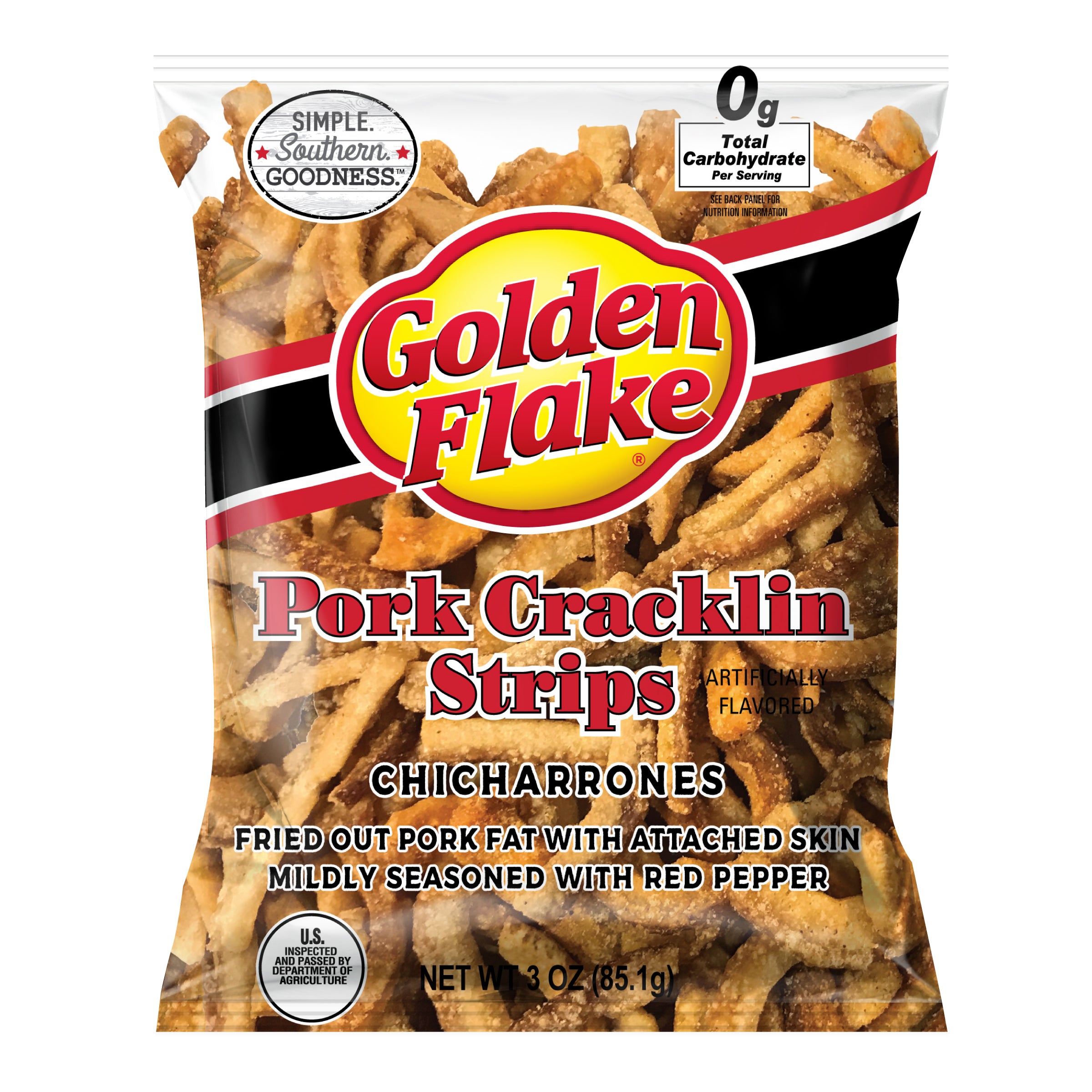 Golden Flake Pork Cracklin Strips Red Pepper 3 oz