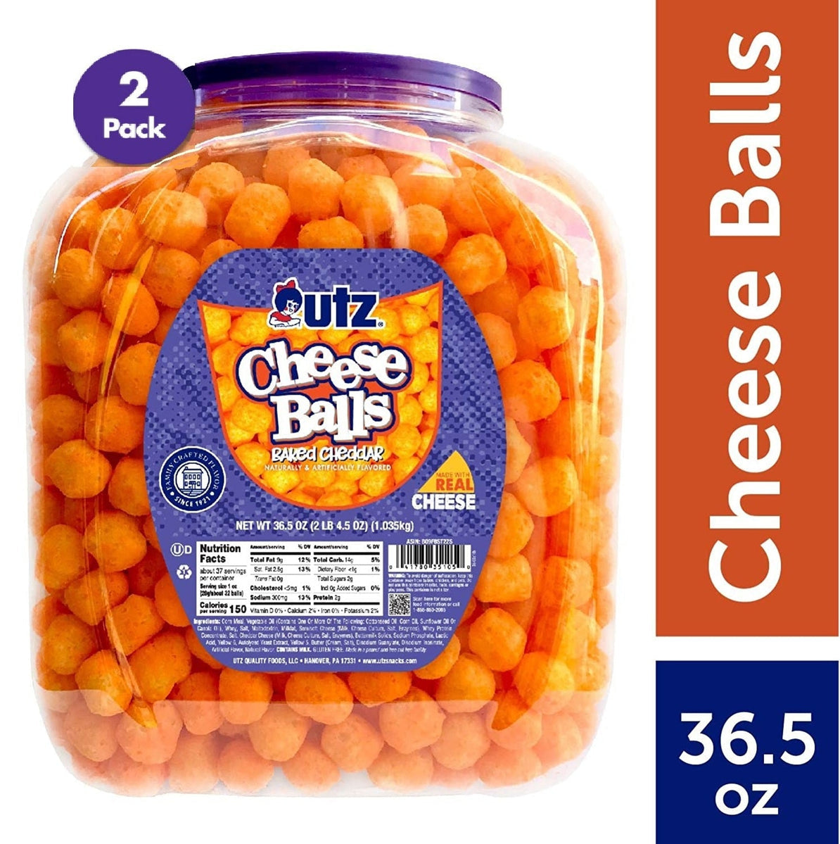Utz Cheese Balls Cheddar 36.5 oz. Barrel 2 Pack Utz Quality Foods